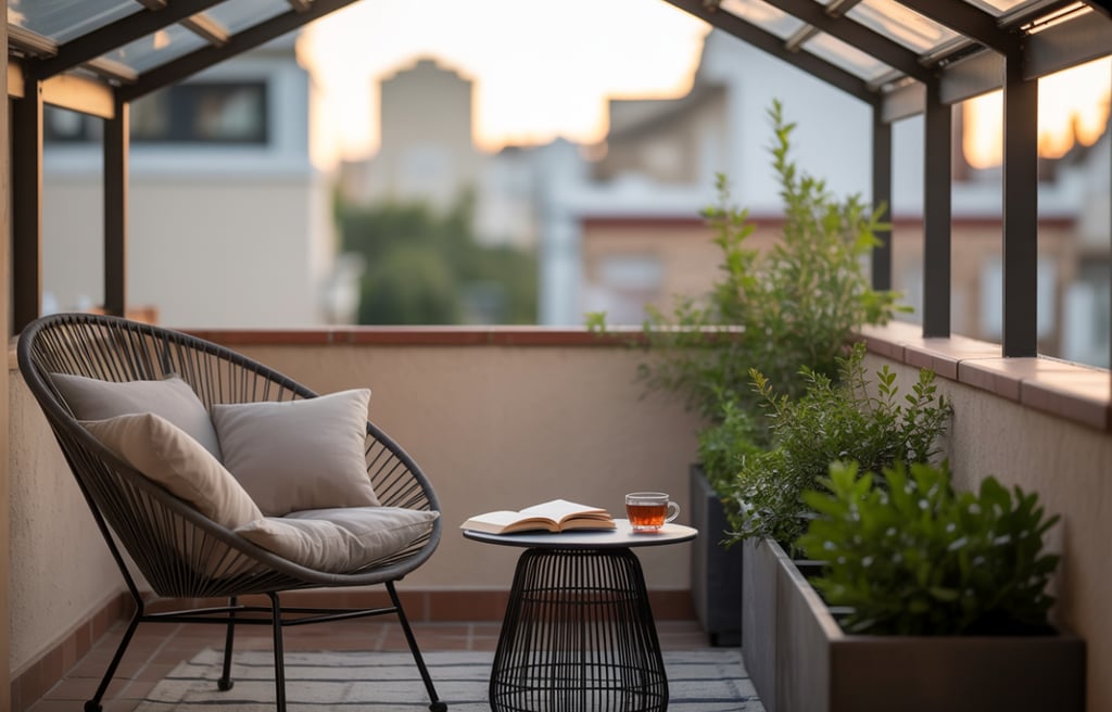 A serene outdoor reading nook on a small balcony with a simple roof structure, a cozy chair.