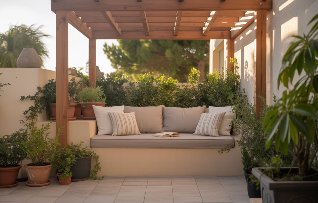 A compact patio reading nook with a wooden pergola roof, built-in bench with neutral cushions, potte