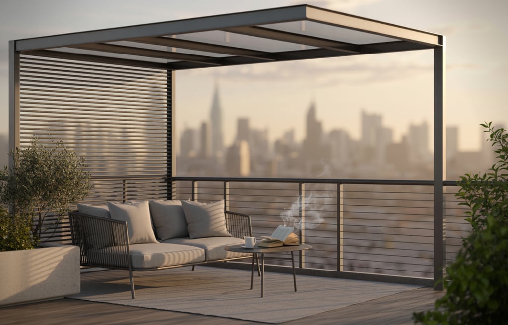 Modern rooftop deck reading nook with lightweight roof structure, open railing, city skyline softly
