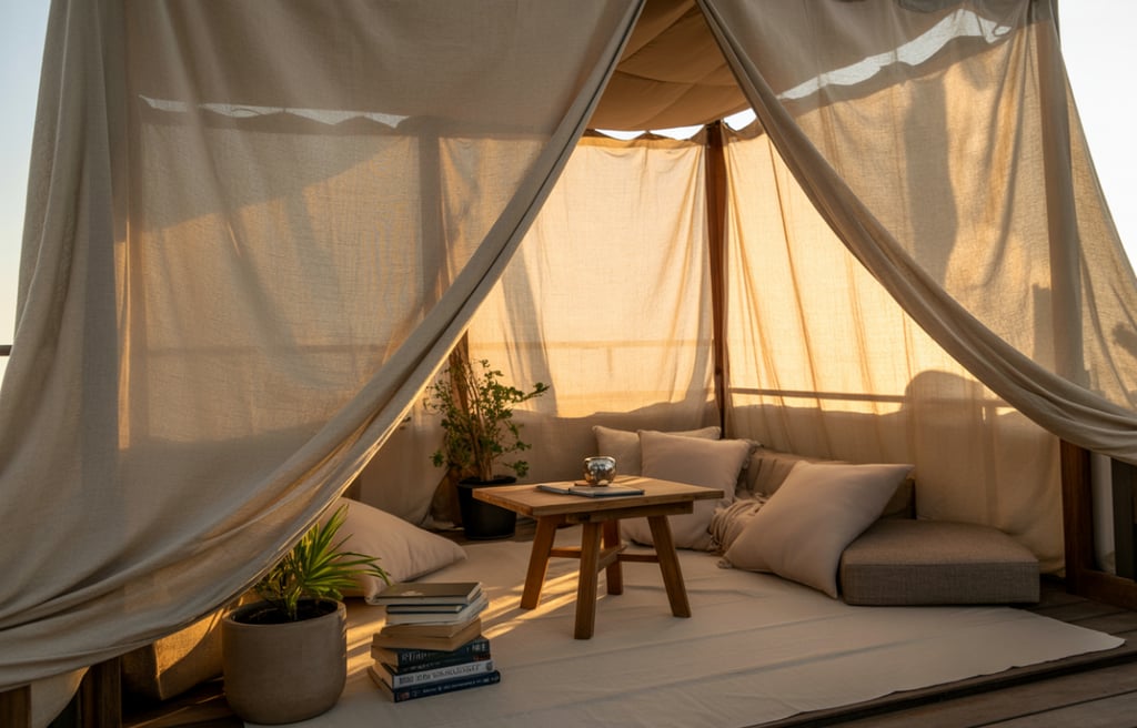 Cozy outdoor wooden cabana with beige curtains, cushions, and a coffee table at sunset.