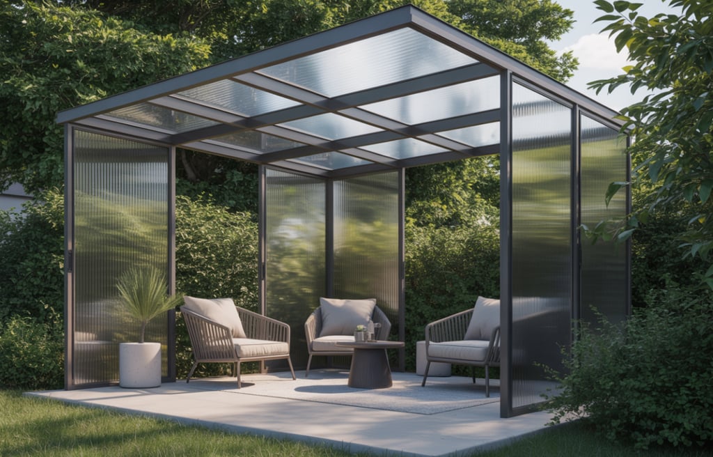 Modern aluminum pergola with polycarbonate roof panels and patio furniture in a lush green backyard garden.