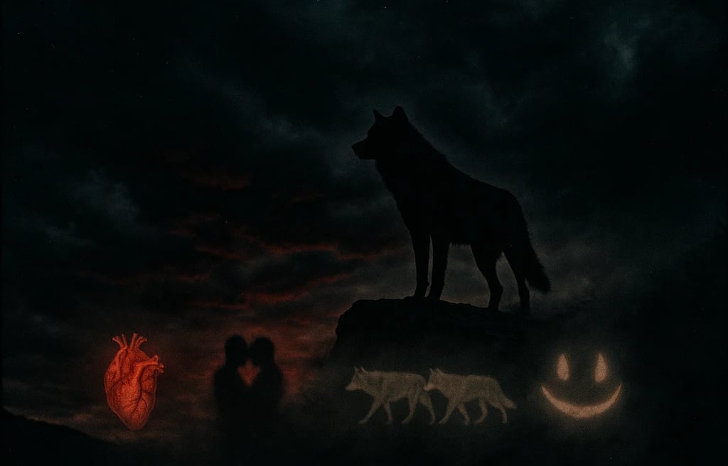 a wolf in the dark with a person standing on a rock