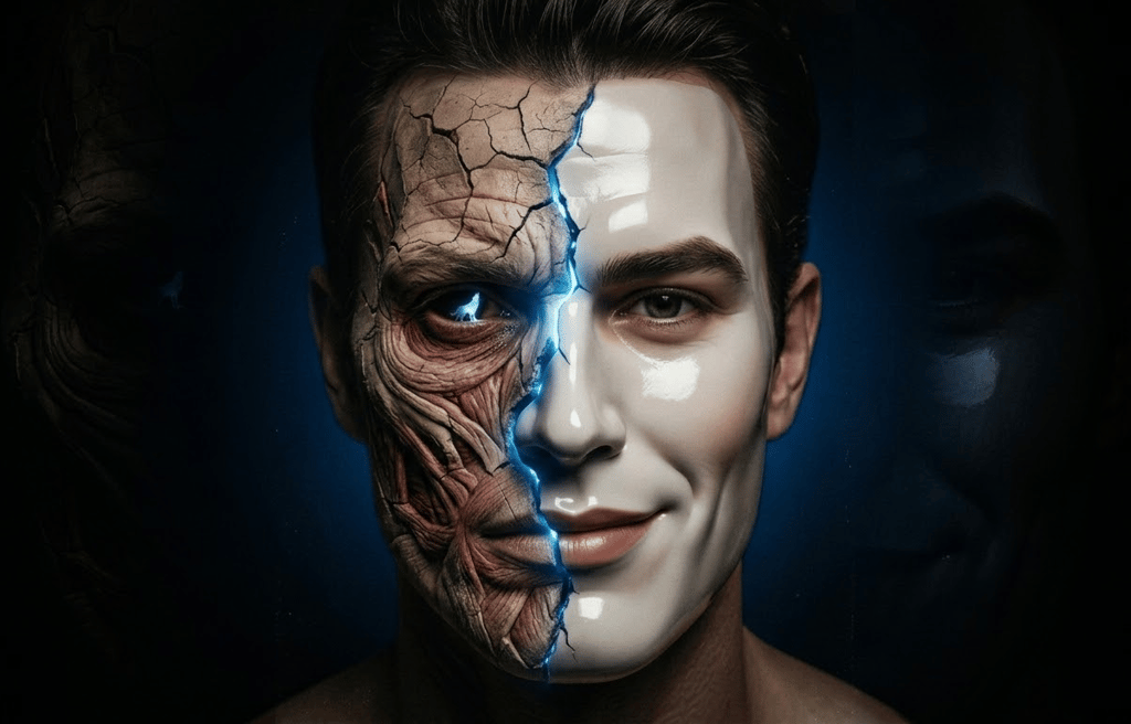 Surreal portrait of a man's face split between a porcelain mask and cracked muscle tissue.
