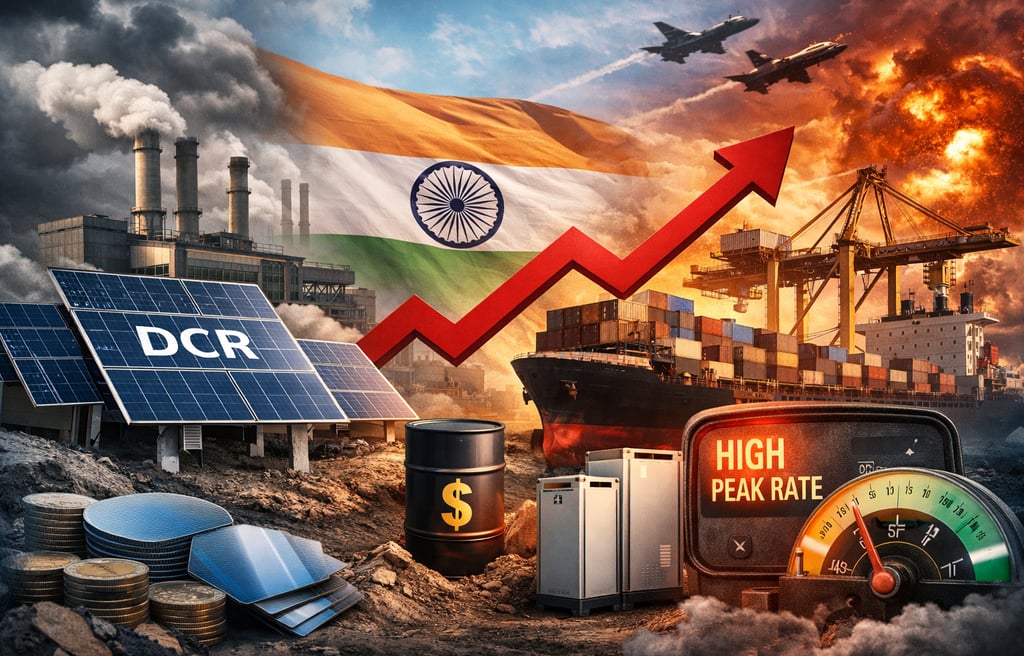 India economic growth collage with solar panels, industrial factory, and rising market arrow.