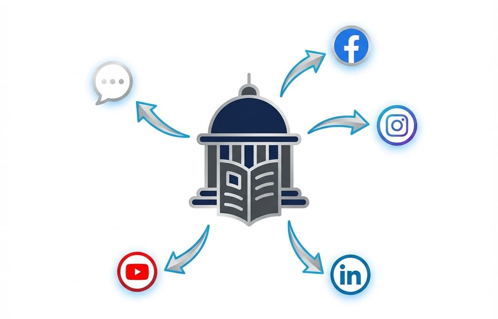 Courthouse icon with arrows to Facebook, Instagram, LinkedIn, YouTube, and testimonials.