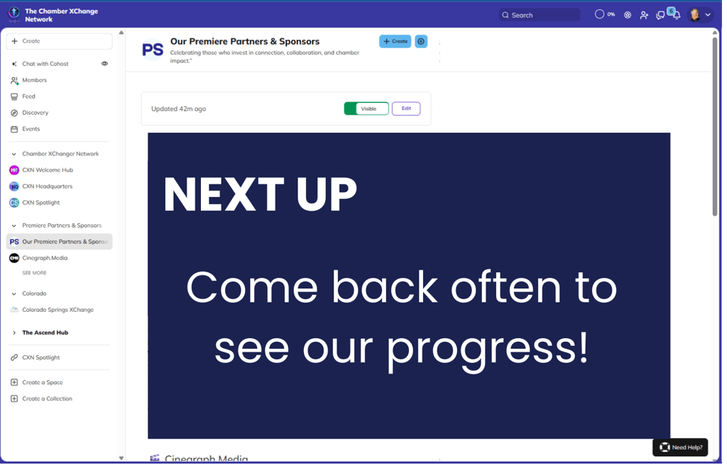 CXN sponsor page with “Next Up” message, inviting users to check back for new partner updates.