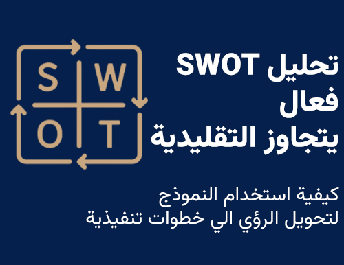تحليل SWOT فعّال: مصفوفة 2×2 بحروف S-W-O-T وأسهم تربط المربعات لتجاوز القائمة التقليدية