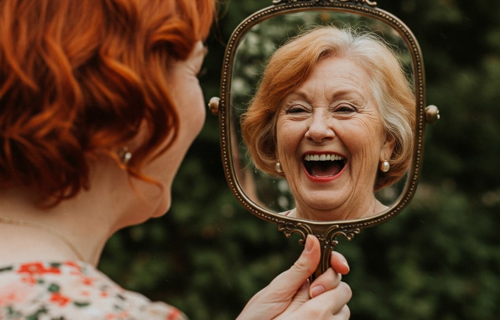 a woman with red hair is smiling and looking at an older version of herself in the mirror