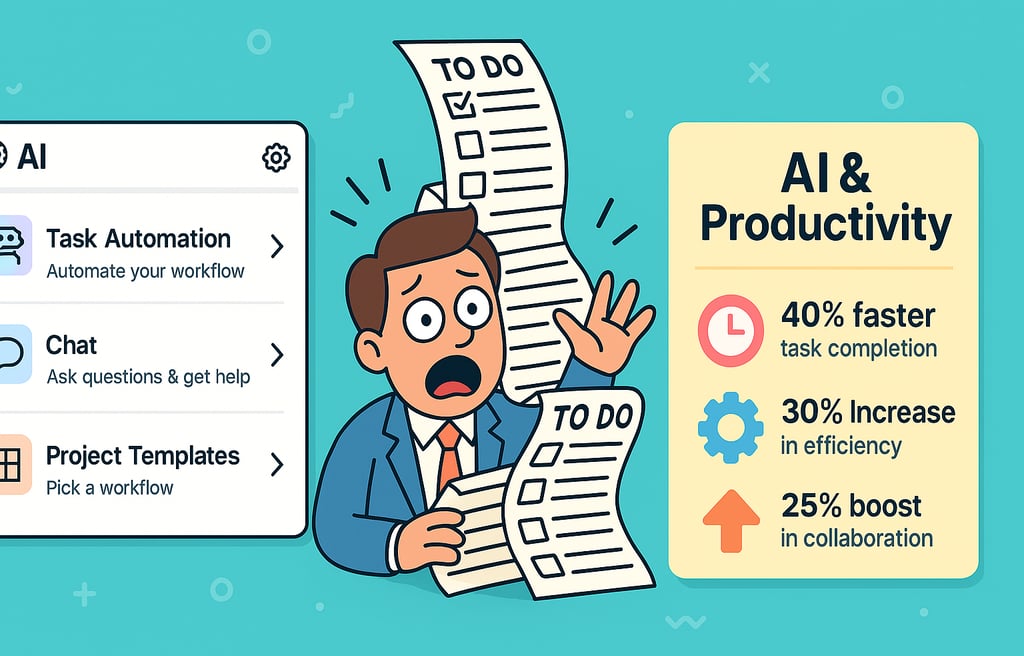 Taskade AI features, to-do list meme, and efficiency stats graphic.