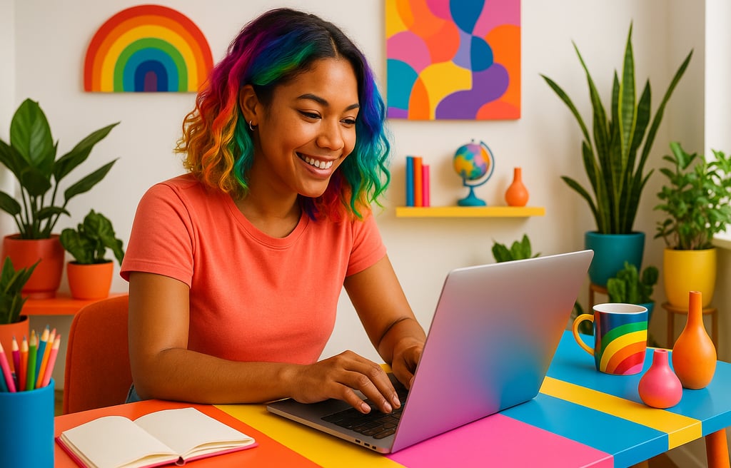 Young freelancer with rainbow hair smiling and working at a colorful desk in a bright home office