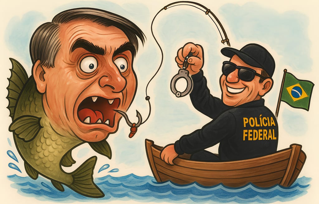 Um imenso peixe com a cabeça igual à de Jair Bolsonaro é pescado por um policial federal em um barco