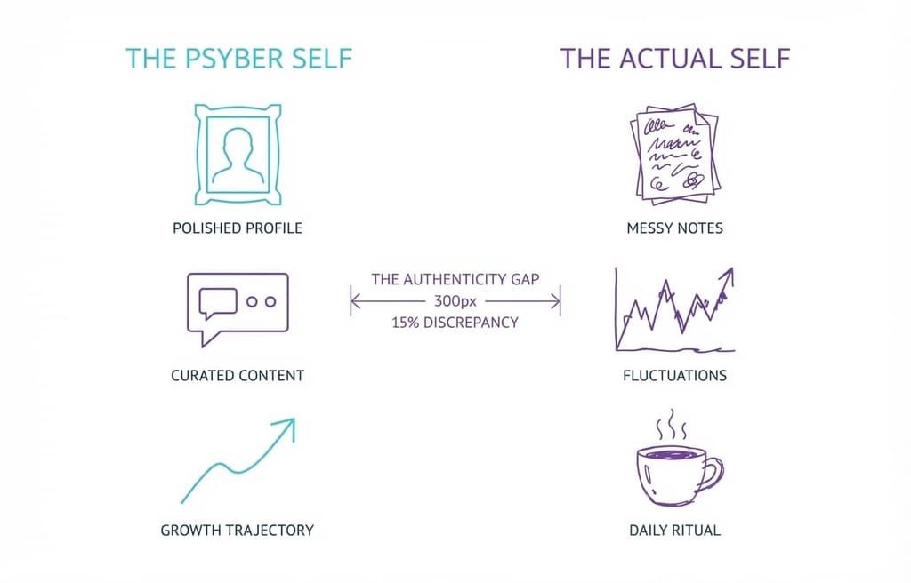 Diagram comparing the Psyber Self versus Actual Self identity with icons illustrating the authenticity gap.