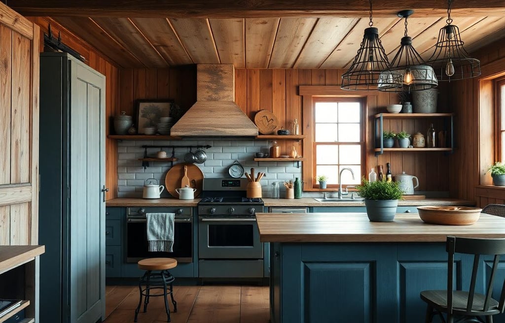 a rustic farmhouse kitchen with a wooden kitchen island and a wooden table