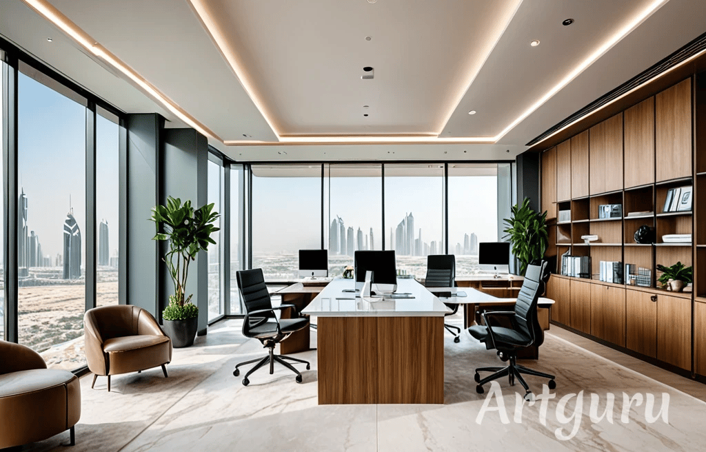 Luxury office interior design in Dubai featuring ergonomic furniture and polished wood finishes