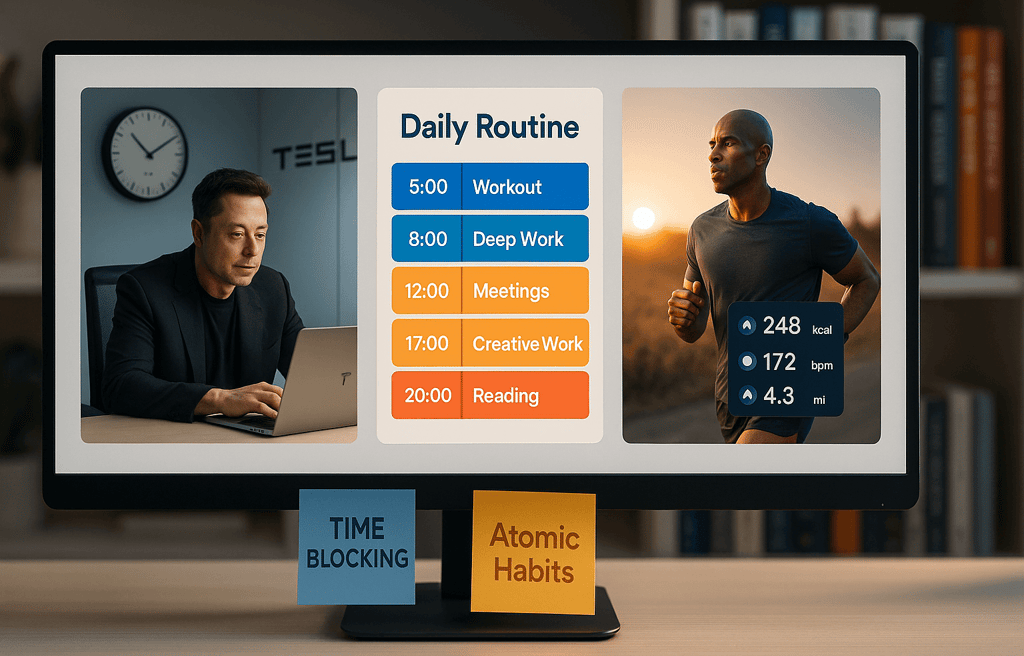 Visual guide to daily routines featuring Elon Musk's schedule, time blocking templates and productivapps