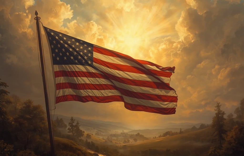 A breathtaking 18th-century-style oil painting featuring the American flag flowing majestically.