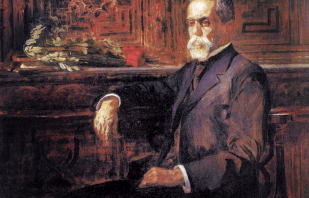 Painting portrait of Machado de Assis by Henrique Bernardelli showing the author seated in a formal
