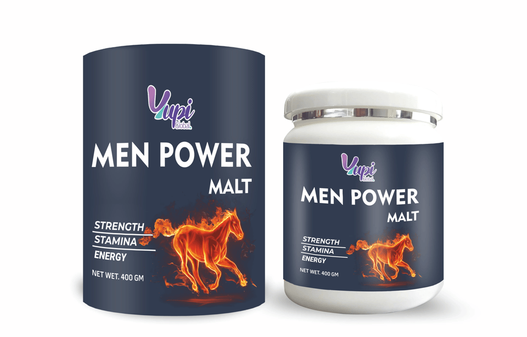 a man standing next to a can of men's power maltmale enhancement