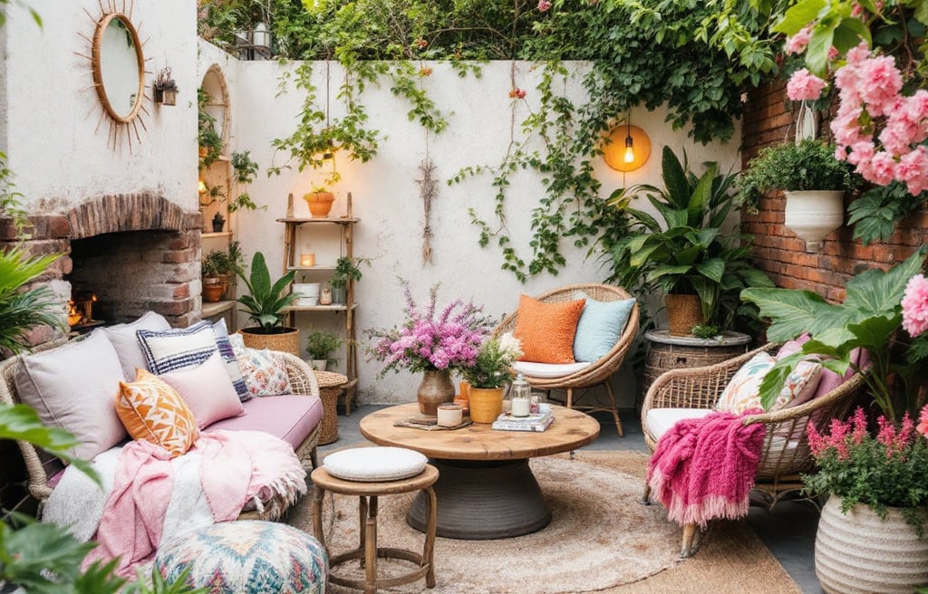 boho garden with a a patio with a couch and a table with flowers