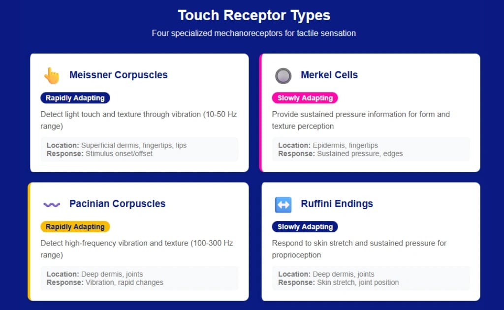 Touch receptor types diagram: Meissner, Merkel, Pacinian, Ruffini mechanoreceptors with functions