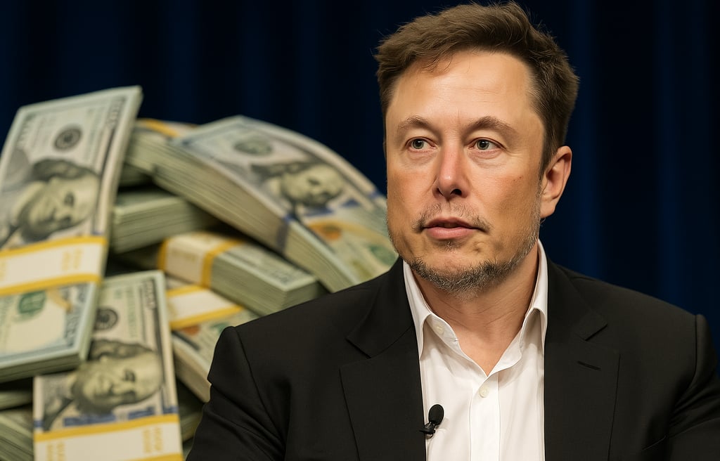 Elon Musk em destaque com expressão séria, ao lado de pilhas de notas de cem dólares, representando 