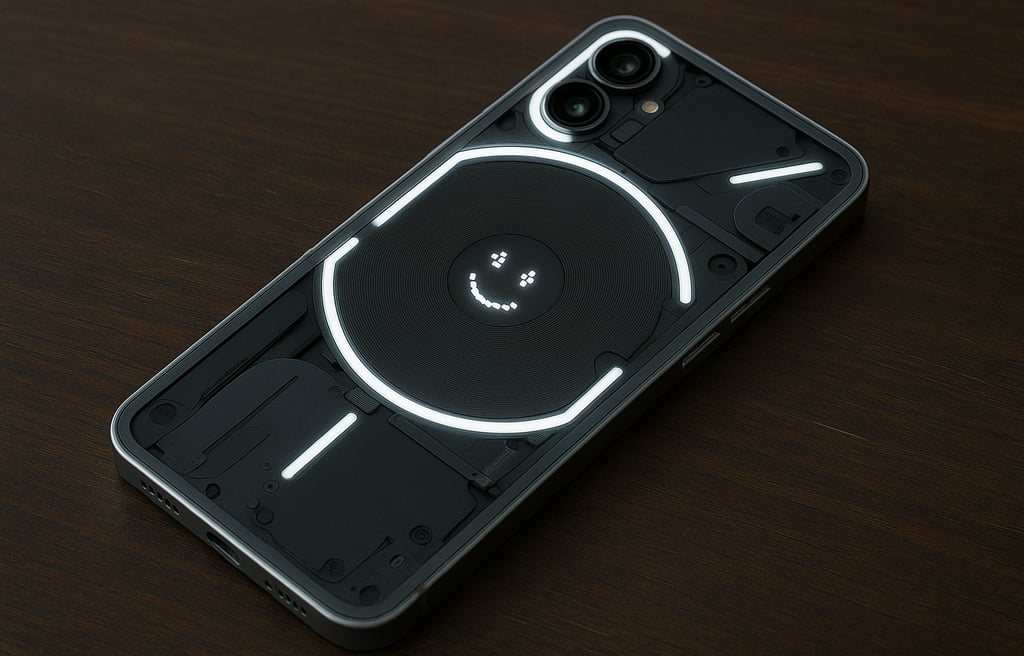 Imagem realista do Nothing Phone (3) sobre superfície de madeira escura. O smartphone exibe sua tras