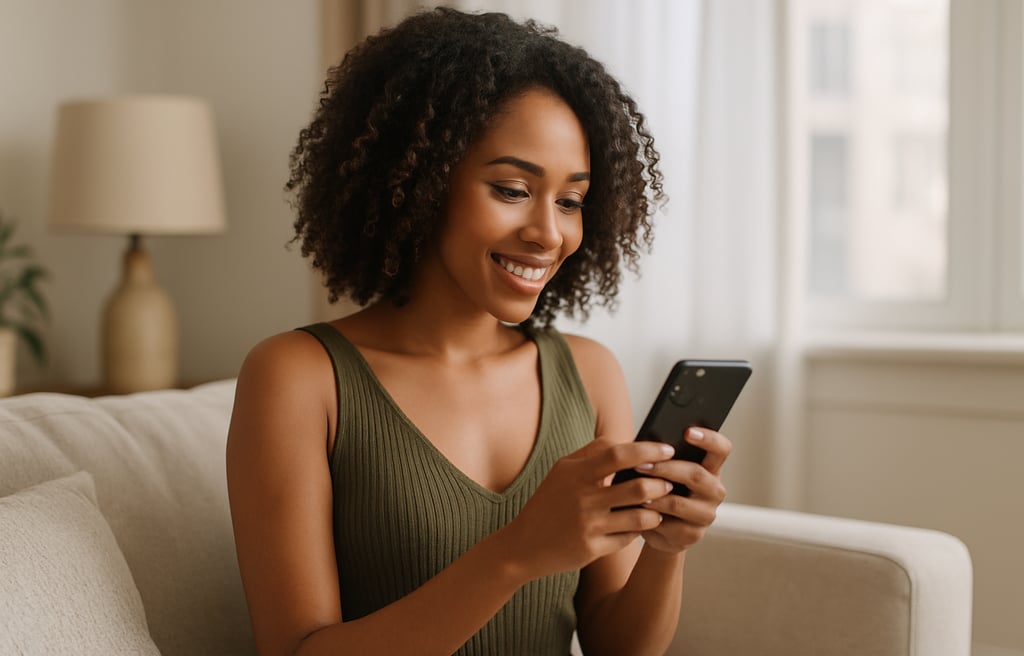 Mulher jovem usando vestido verde sorri enquanto testa recurso de provador virtual com inteligência 