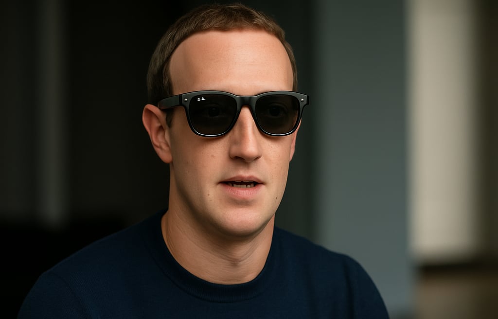 Mark Zuckerberg usando óculos inteligentes Ray-Ban em ambiente interno, com expressão séria e fundo 