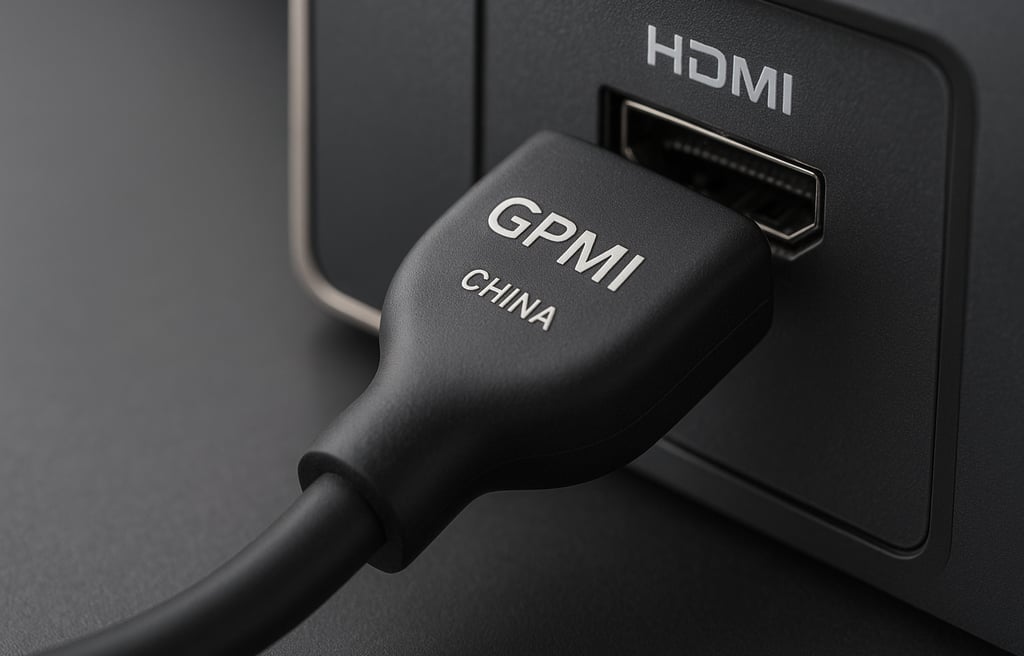 Cabo GPMI de origem chinesa conectado a uma entrada HDMI em um dispositivo eletrônico, simbolizando