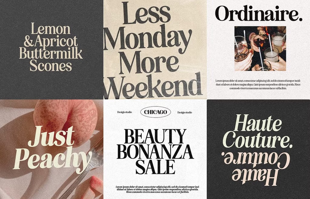 Collage of six stylish graphic panels with bold serif typography and lifestyle imagery.