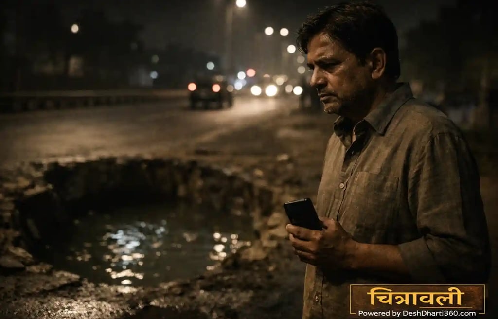 Indian citizen standing near an open water-filled pit on a city road at night, symbolizing administr