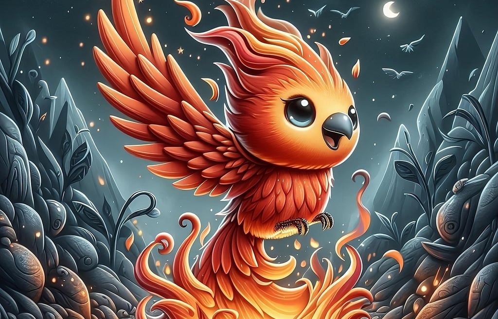 Free graphic from Pixaby of a baby phoenix rising from the ashes.