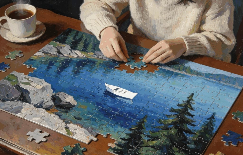 A girl is putting together a puzzle of a lake.