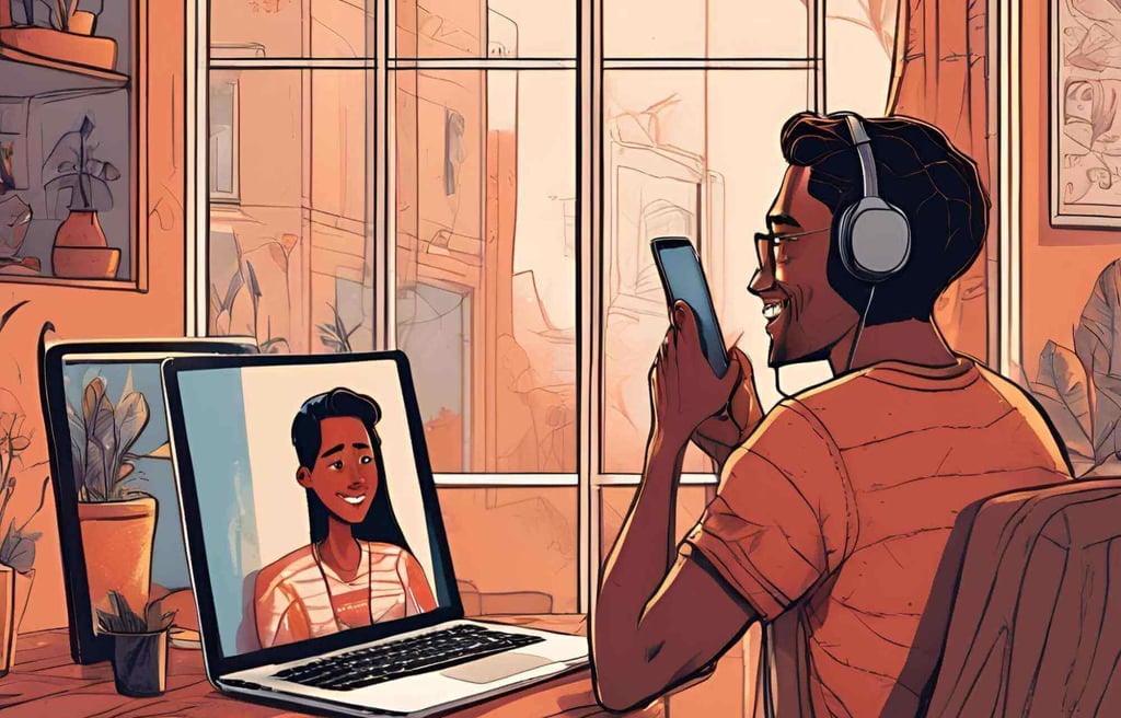 A man wearing headphones sits at a desk with a laptop, engaged in a virtual dating conversation with a woman.