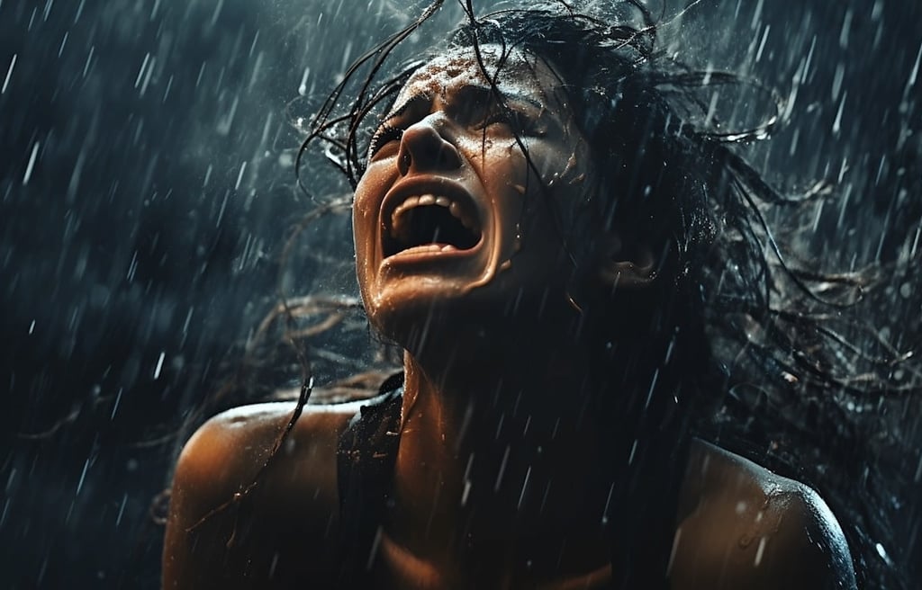 Young woman crying in pain in the rain.