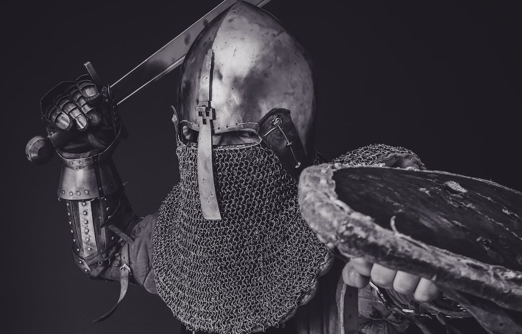 Middle age warrior in black and white.