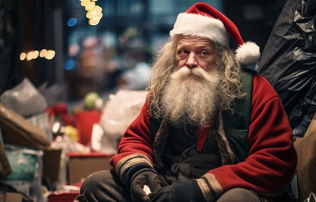 Beggar on the streets, dressed up as Santa.