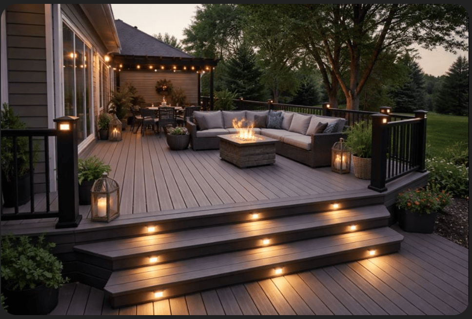 Spacious composite deck with LED lighting, outdoor seating, and fire pit by Paramount Exterior