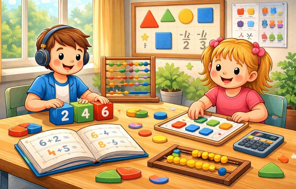 Estudiantes trabajando matemáticas con materiales manipulativos en un aula luminosa: bloques numéricos, ábaco y tablero 