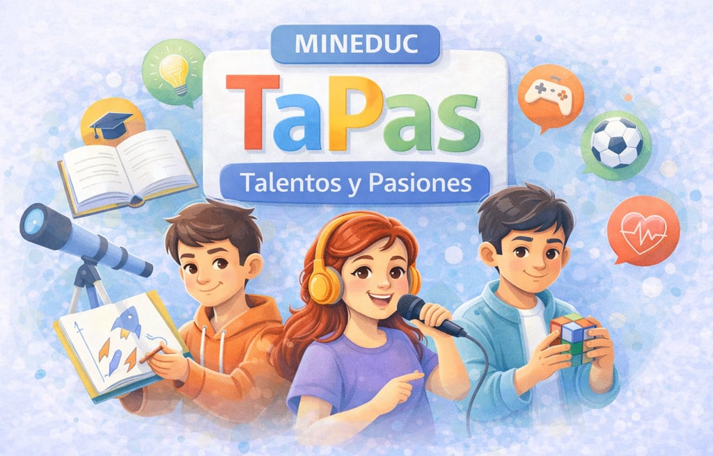 Ilustración de MINEDUC TaPas (Talentos y Pasiones) con estudiantes mostrando talentos artísticos, música y lógica