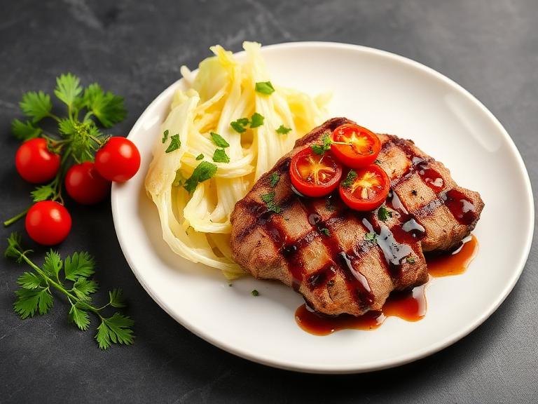 Elegant plated cabbage steak garnished with herbs and balsamic reduction