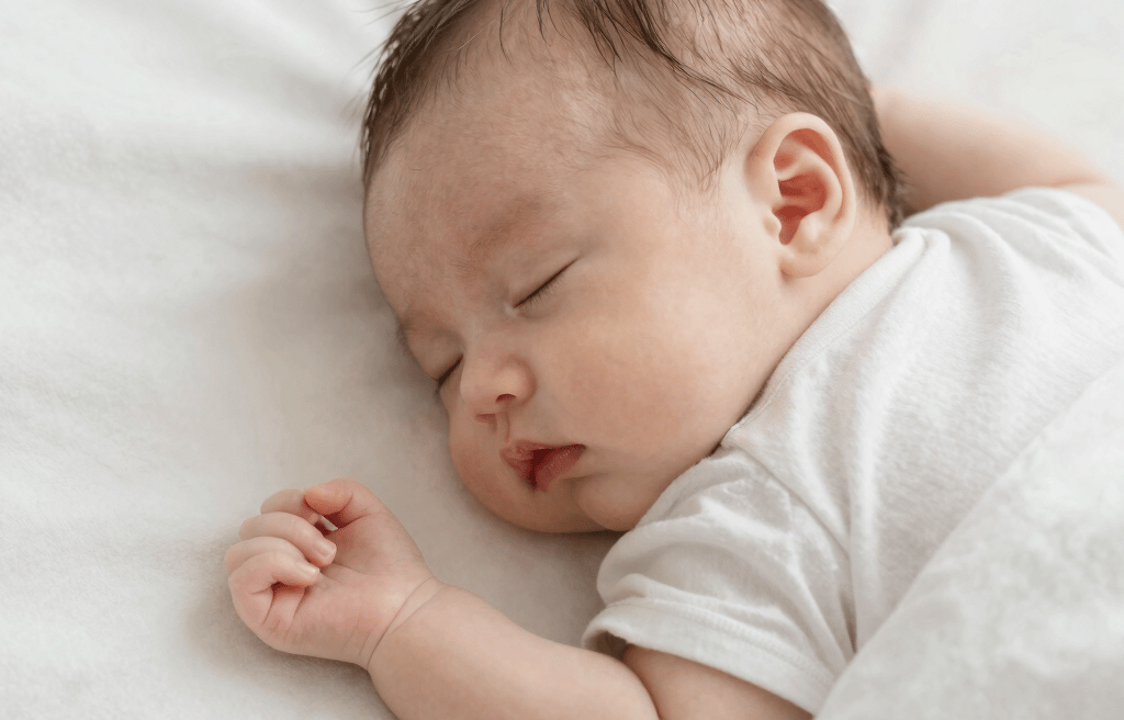 a baby sleeping with a stuffed animal