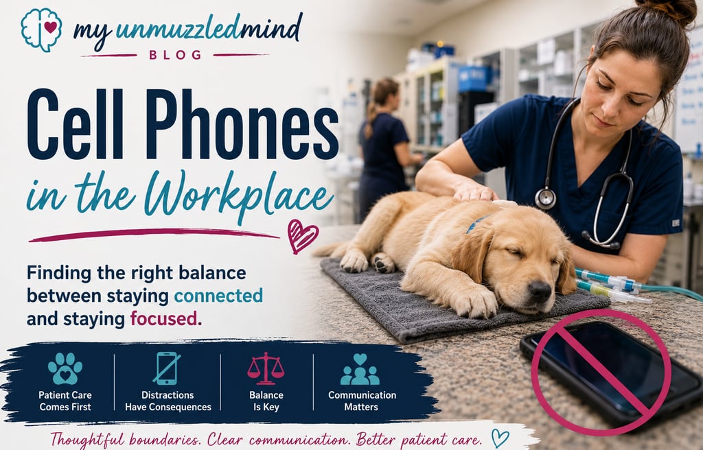 A veterinarian examines a puppy next to a crossed-out cell phone to discuss workplace distractions
