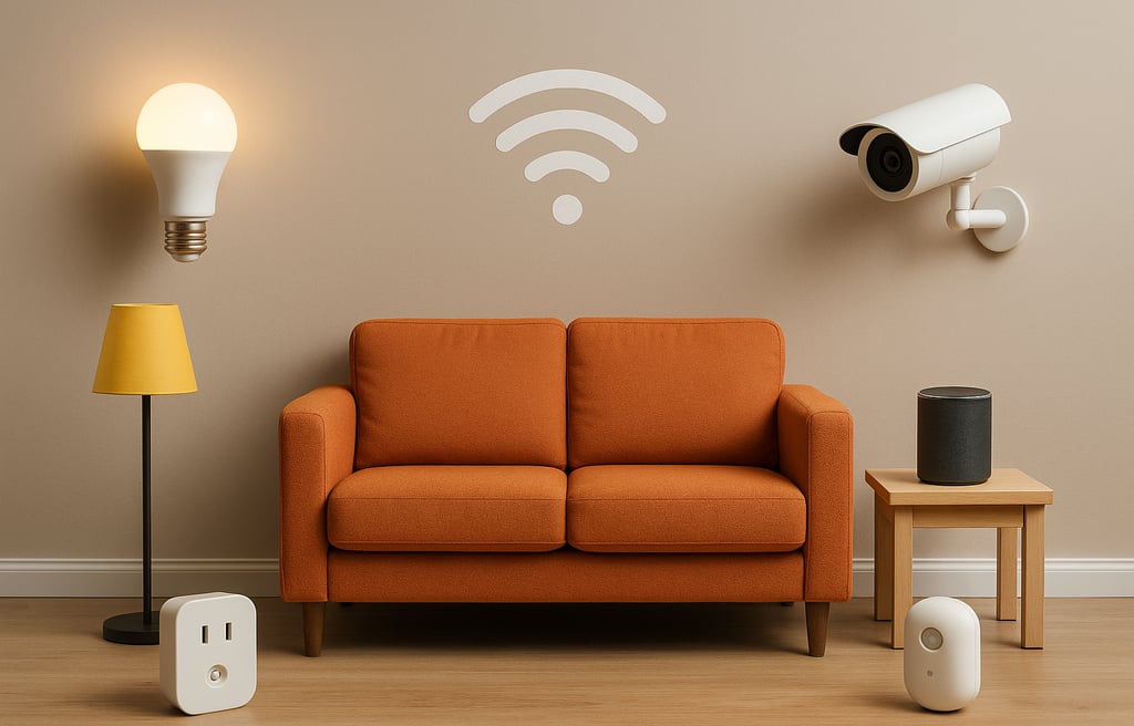 Sala de estar moderna com sofá laranja centralizado, rodeado por dispositivos de Internet das Coisas