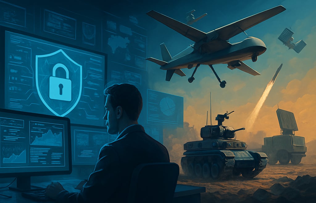Ilustração digital representando tecnologias de defesa avançadas, com drones militares, satélites em