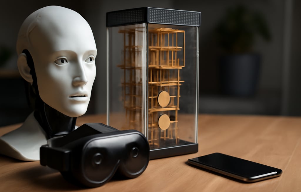Imagem realista de alta resolução mostrando uma cabeça de robô humanoide, um módulo de computador qu