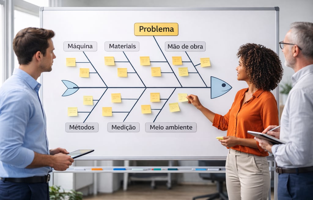 Diagrama de Ishikawa espinha de peixe usado para identificar causas de problemas em processos