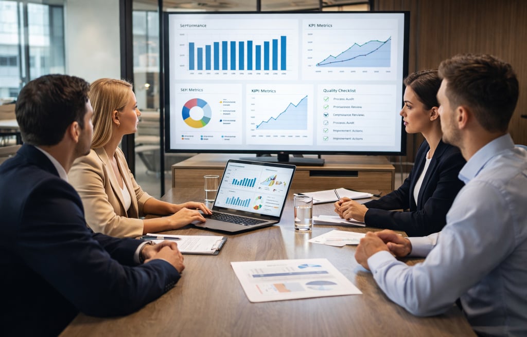 O que é Gestão da Qualidade com equipe analisando indicadores de desempenho em reunião estratégica