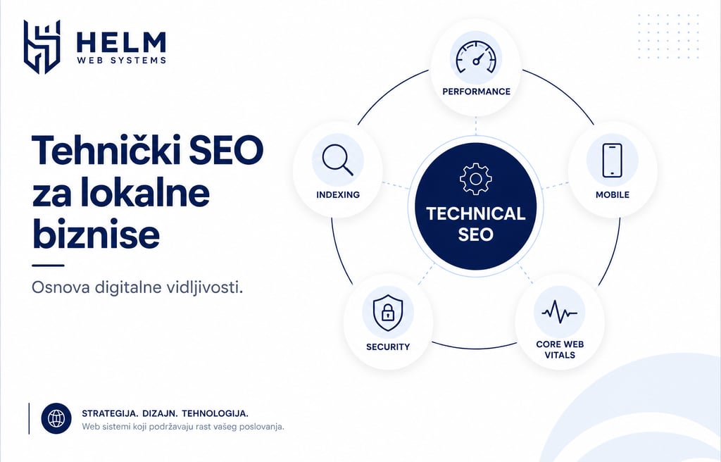Tehnički SEO za lokalne biznise kroz optimizaciju performansi, indeksiranja, bezbednosti i Core Web Vitals faktora.