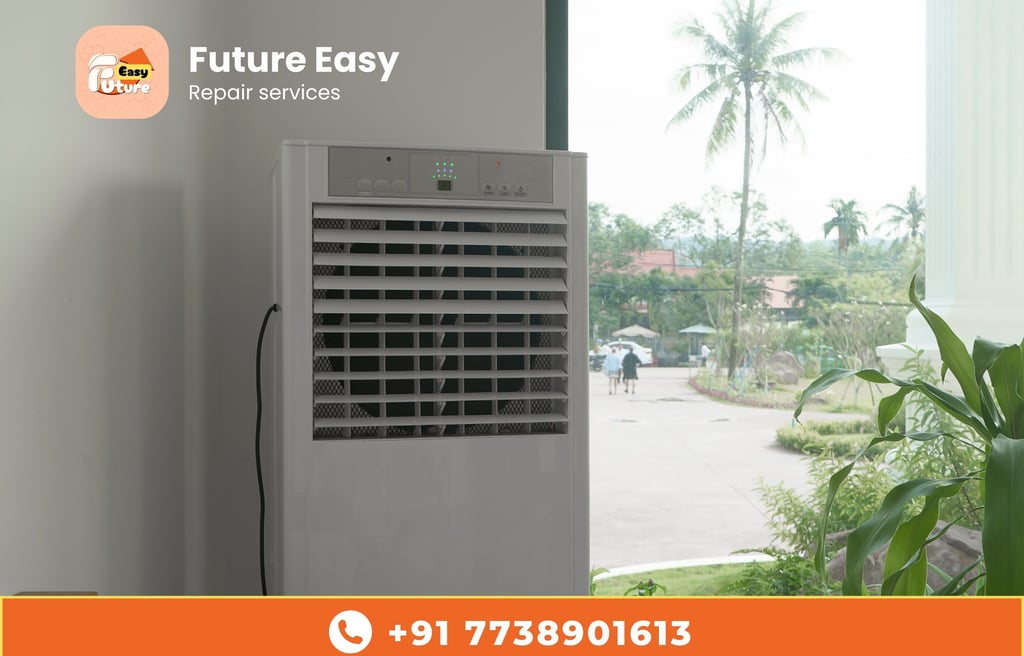 Indoor air cooler near a window with "Future Easy" branding.